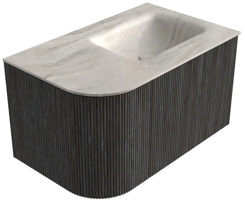 Mondiaz Kurve-dlux 75cm badmeubel ronding links shadow met 1 lade en deur en wastafel grunne rechts zonder kraangat ostra
