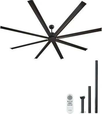 VEVOR 243 cm plafondventilator zonder licht, 6-snelheden afstandsbediening, 8 aluminium bladen, omkeerbare DC-motor, ventilator voor slaapkamer, woonkamer, terras, binnen/buiten, zwart