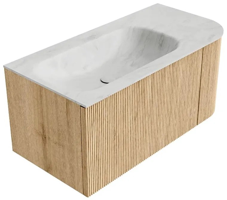 Mondiaz Kurve-dlux 95cm badmeubel ronding rechts oak met 1 lade en deur en wastafel big small links zonder kraangat opalo