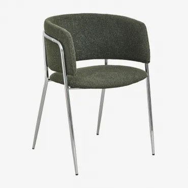 Nalon Gestoffeerde Eetkamerstoel Grijs – Chroom & Bouclé Leger Groen - Sklum