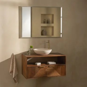 Baty Mangohouten Badkamermeubelset Mangohout & Rond Cement Wit Ø40 Cm Zavion & Rechthoekige Led En Anticondens 100x70 Cm Riben & Goud - Sklum