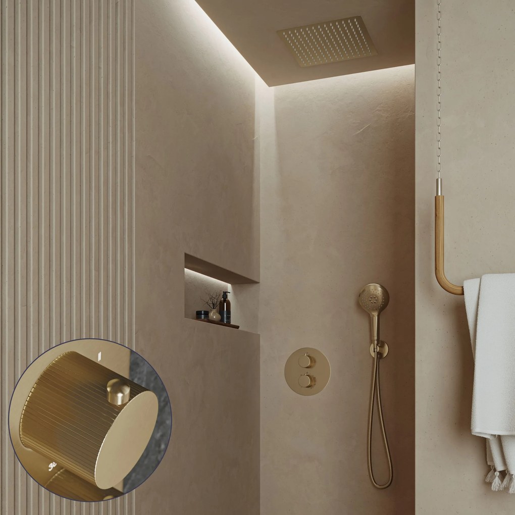 Saniclear Cube Stripes inbouw regendouche rond met inbouw douchekop 30x30cm en 2 standen handdouche geborsteld messing - mat goud