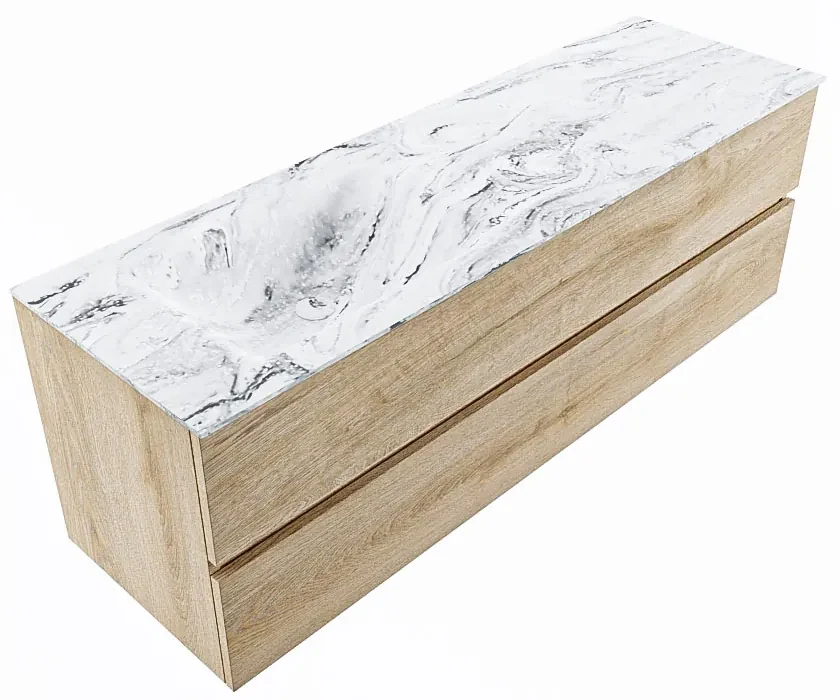 Mondiaz Vica DLux badmeubel 150cm washed oak 2 lades met wastafel glace links 1 kraangat