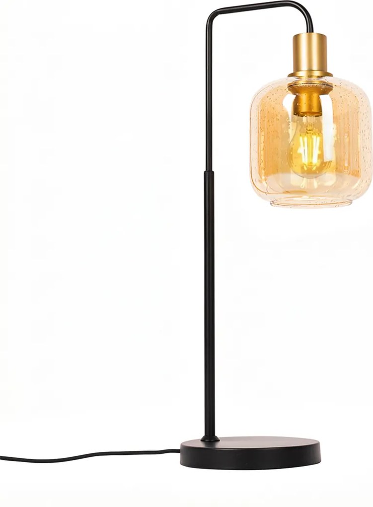 Design tafellamp zwart met messing en amber glas - Zuzanna