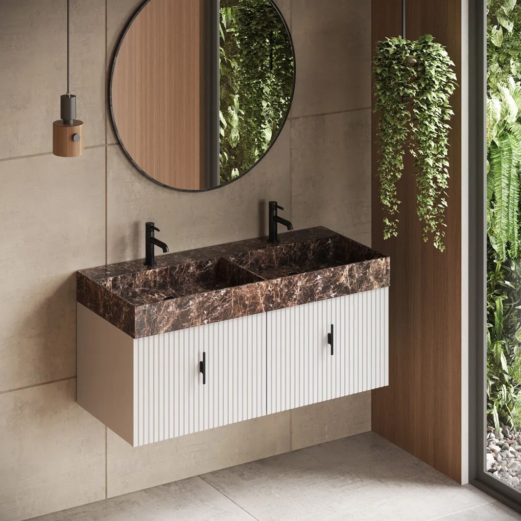 Muebles Zahora badmeubel ribbelfront 120cm wit mat met Dark Emperador wastafel met kraangaten