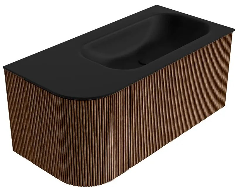 Mondiaz Kurve 95cm badmeubel ronding links walnut met 1 lade en deur en wastafel big small rechts zonder kraangat urban