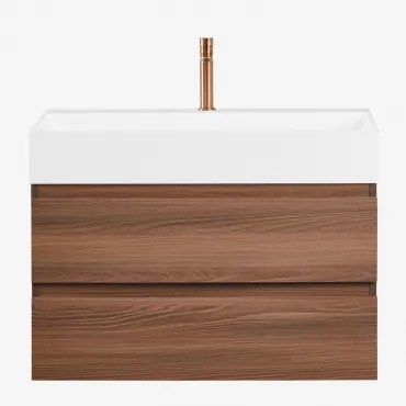 Ona Zwevend Badkamermeubelset Van Hout En Essenfineer Met Geïntegreerde Wastafel Spiegelloze & Donker Hout & ↔︎ 80 Cm & Roségoud Geborst - Sklum