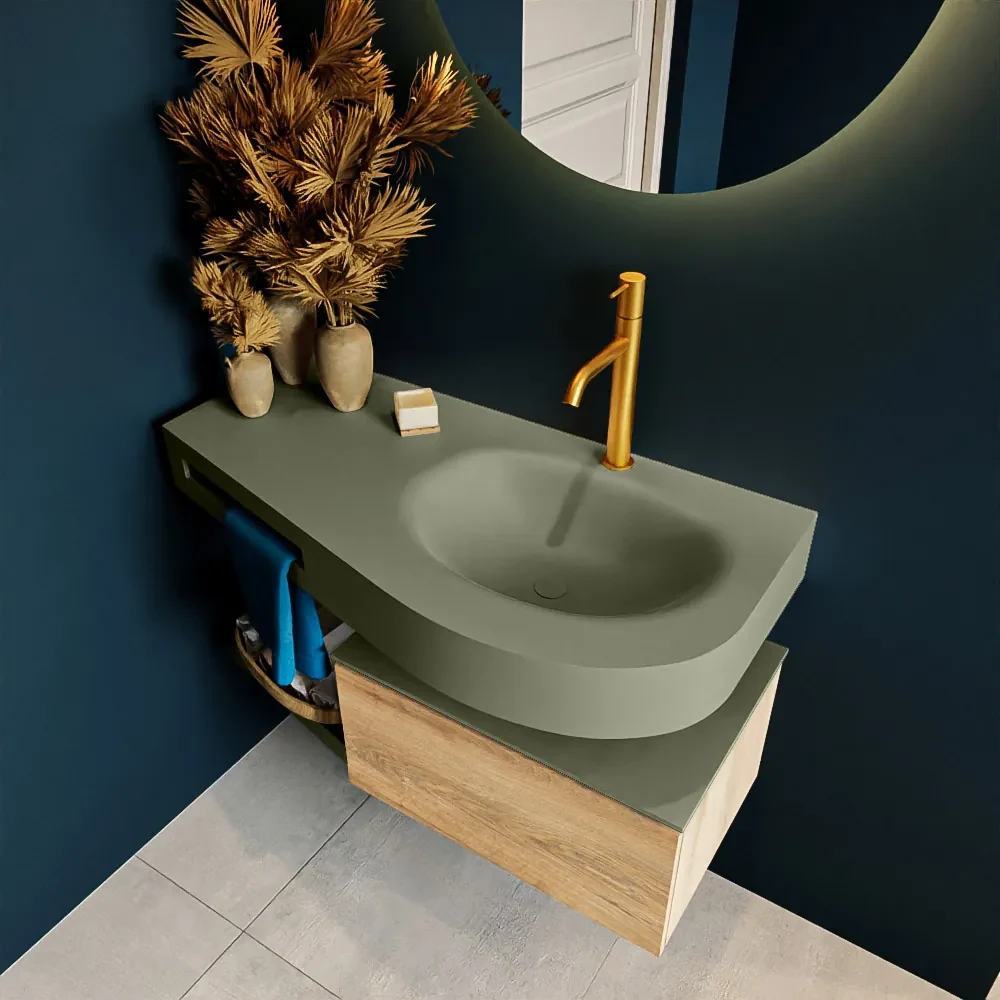 Mondiaz Riva badmeubel 100cm Washed Oak met 1 lade en wastafel rechts 1 kraangat Army