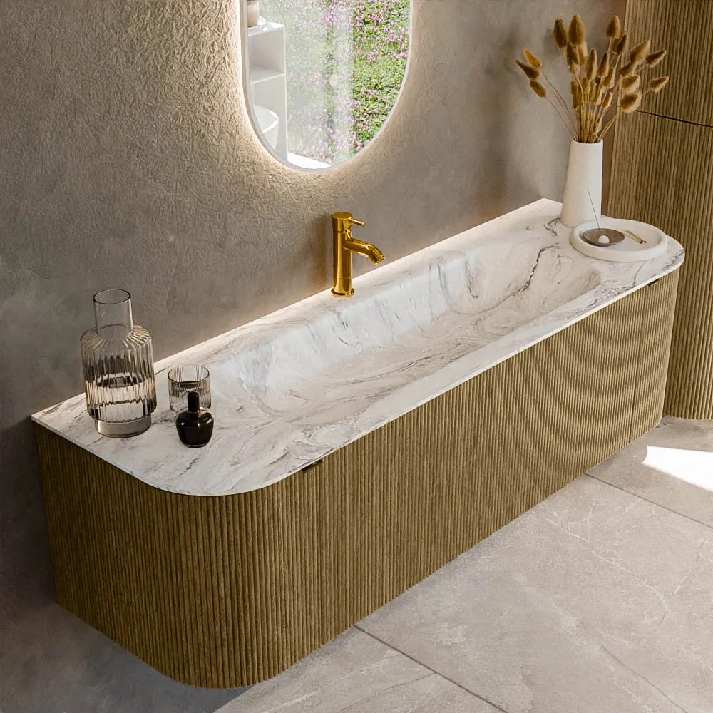 Mondiaz Kurve-dlux 150cm badmeubel ronding links/rechts dusk met 1 lade en 2 deuren en wastafel big medium midden 1 kraangat glace