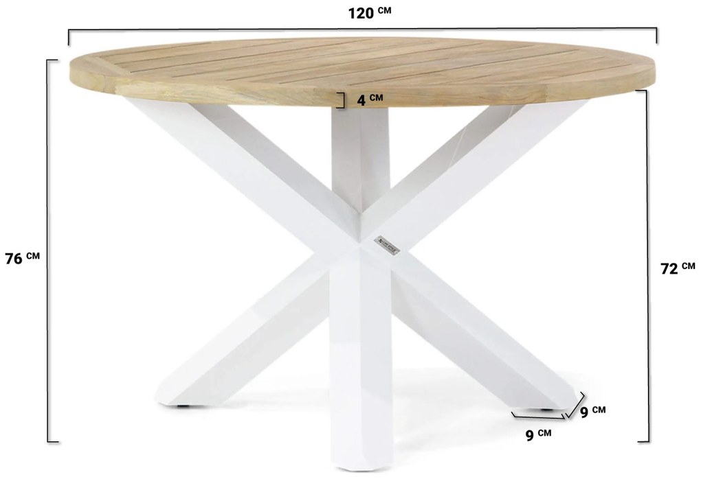 Tuinset Ronde Tuintafel 4 personen 120 cm Aluminium/teak Wit Lifestyle Garden Furniture Brandon/Wellington