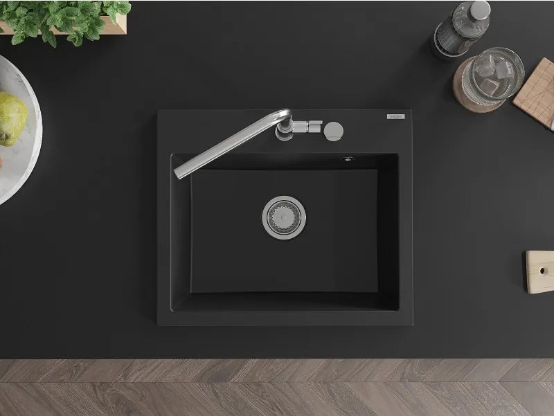 Mexen Oscar granieten gootsteen 1-komorig 580 x 490 mm, zwart, sifon chroom - 6519581000-77