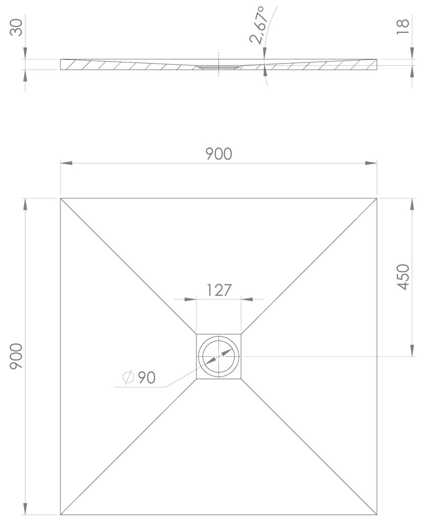 Polysan Treneca douchebak 90x90cm grijs mat