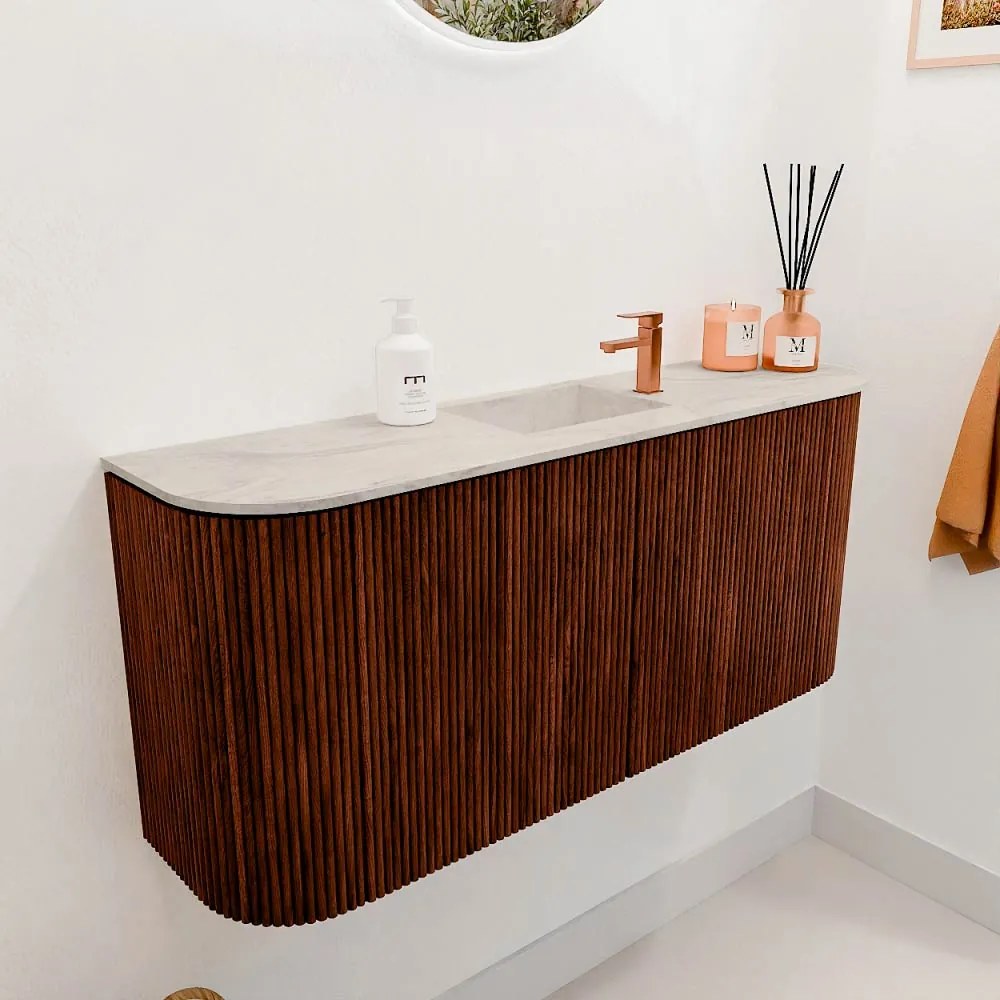 Mondiaz Joya DLux 95cm toiletmeubel ronding links/rechts ruby met wastafel faye midden 1 kraangat ostra