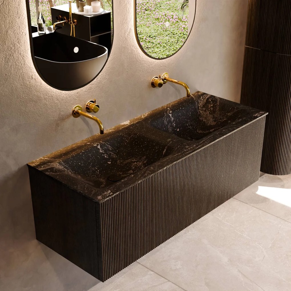 Mondiaz Kurve-dlux 120cm badmeubel shadow met 1 lade en wastafel leaf dubbel zonder kraangat lava