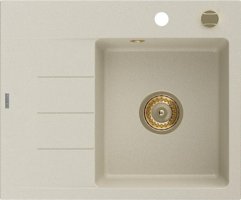 Mexen Ben granit gootsteen 1-kommer met afdruiprek, rechts 600 x 500 mm, beige, gouden sifon - 6523605000-69-G