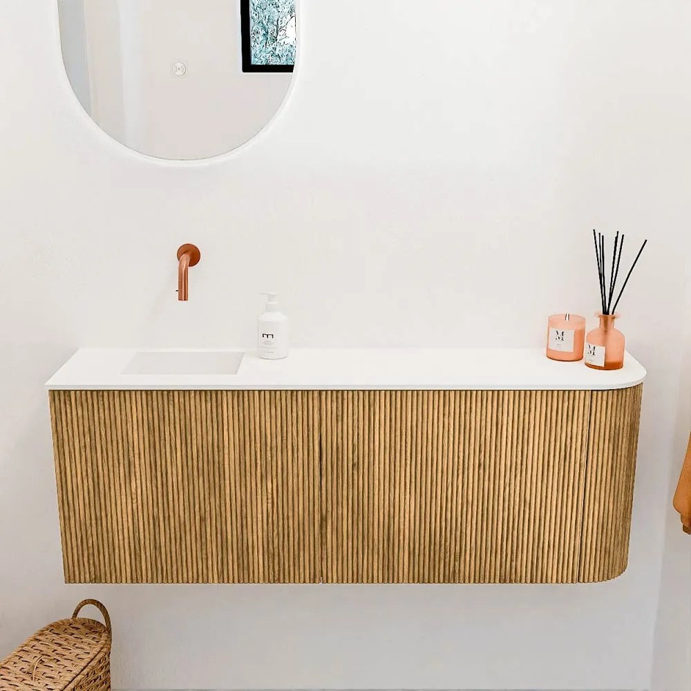 Mondiaz Joya 110cm toiletmeubel ronding rechts oak met wastafel faye links zonder kraangat talc