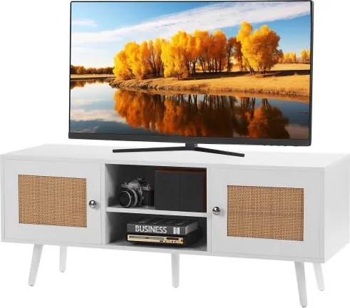 VEVOR Rotan TV-meubel, TV-kast Boho TV-meubel voor 140 cm TV, Retro TV-meubel, Rotan TV-console met verstelbare planken en 2 deuren, voor Woonkamer, Mediaruimte, Wit