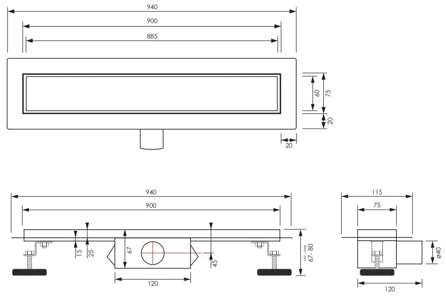 Brauer douchegoot 90x7cm met multifunctioneel rooster en flens geborsteld koper PVD