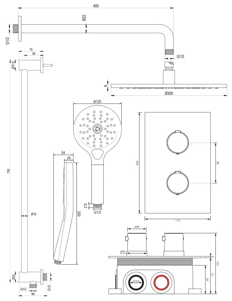Brauer Brushed Edition complete inbouw regendouche met 3 standen handdouche, gebogen wandarm, glijstang en hoofddouche 30cm set 46 RVS geborsteld PVD