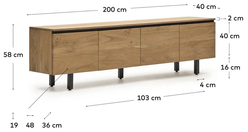 Kave Home Uxue Tv-meubel 200 Cm Massief Acacia Hout - 200x40x58cm.