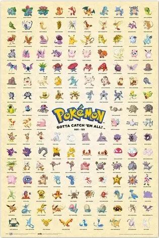 Poster Pokémon - Kanto Eerste Generatie, (61 x 91.5 cm)