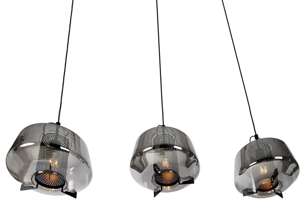 Eettafel / Eetkamer Hanglamp zwart met smoke glas 30 cm langwerpig 3-lichts - Kevin Art Deco E27 Binnenverlichting Lamp