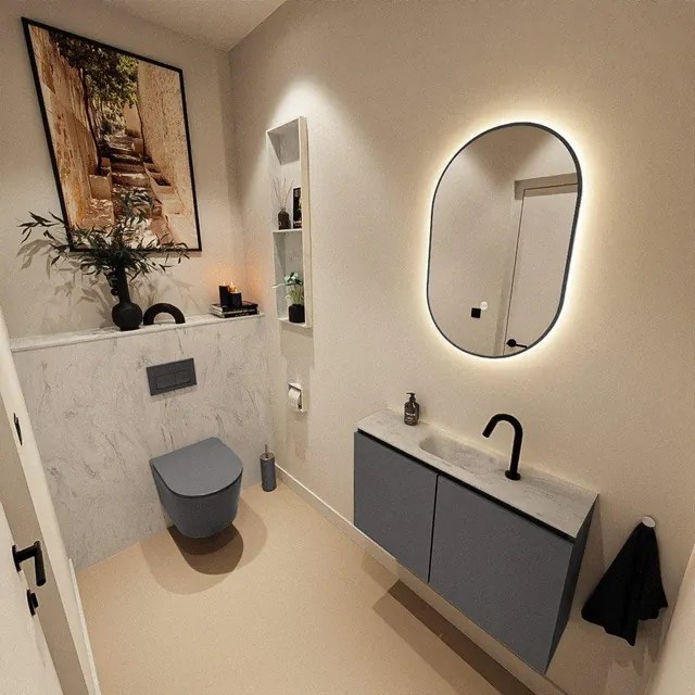 MONDIAZ TURE-DLUX 80cm toiletmeubel Dark Grey. EDEN wastafel Opalo positie midden. Met 1 kraangat. TUREDX80DGRM1OPA