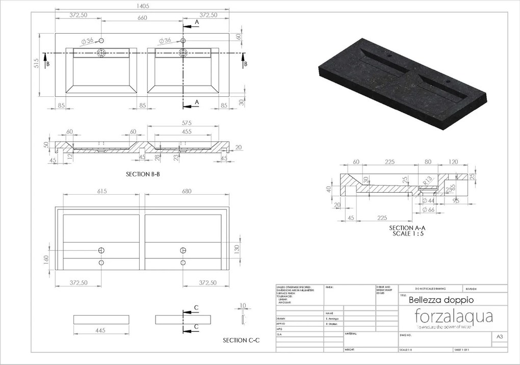 Forzalaqua Bellezza wastafel 140x50cm met 2 kraangaten graniet