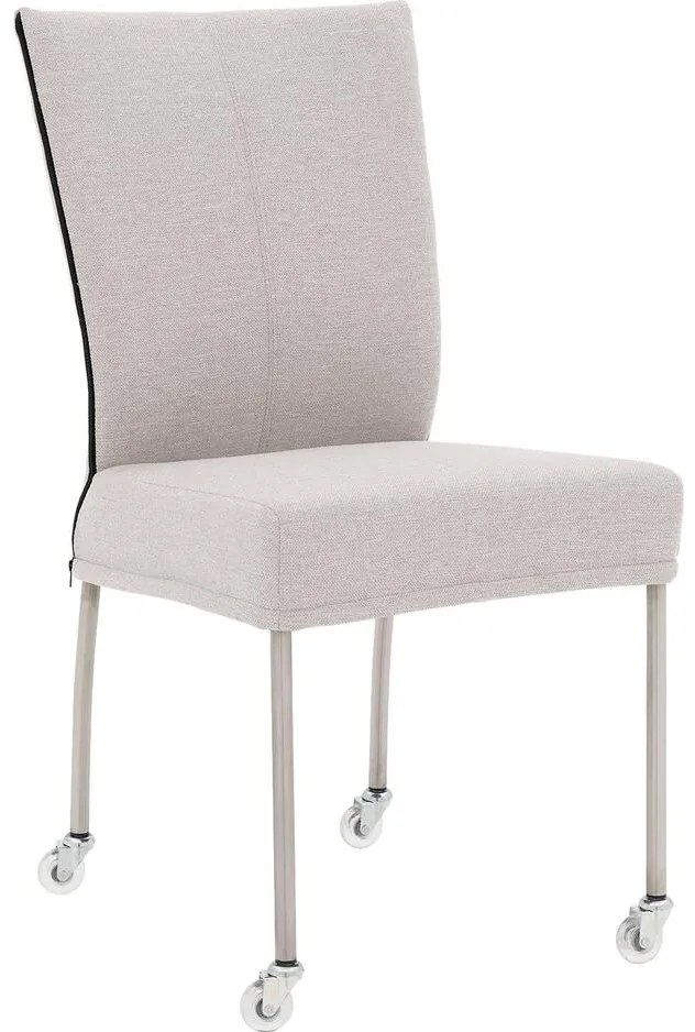 Goossens Eetkamerstoel Funk RVS Poten lichtgrijs stof leuning en Transparant skater wiel met rvs kapmet wielen, modern design