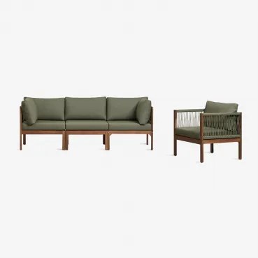 Woonkamerset Met Modulaire 3-zitsbank Met Armleuningen En Fauteuil Van Acaciahout Branson Intens Olijfgroen - Donker Acaciabruin - Sklum
