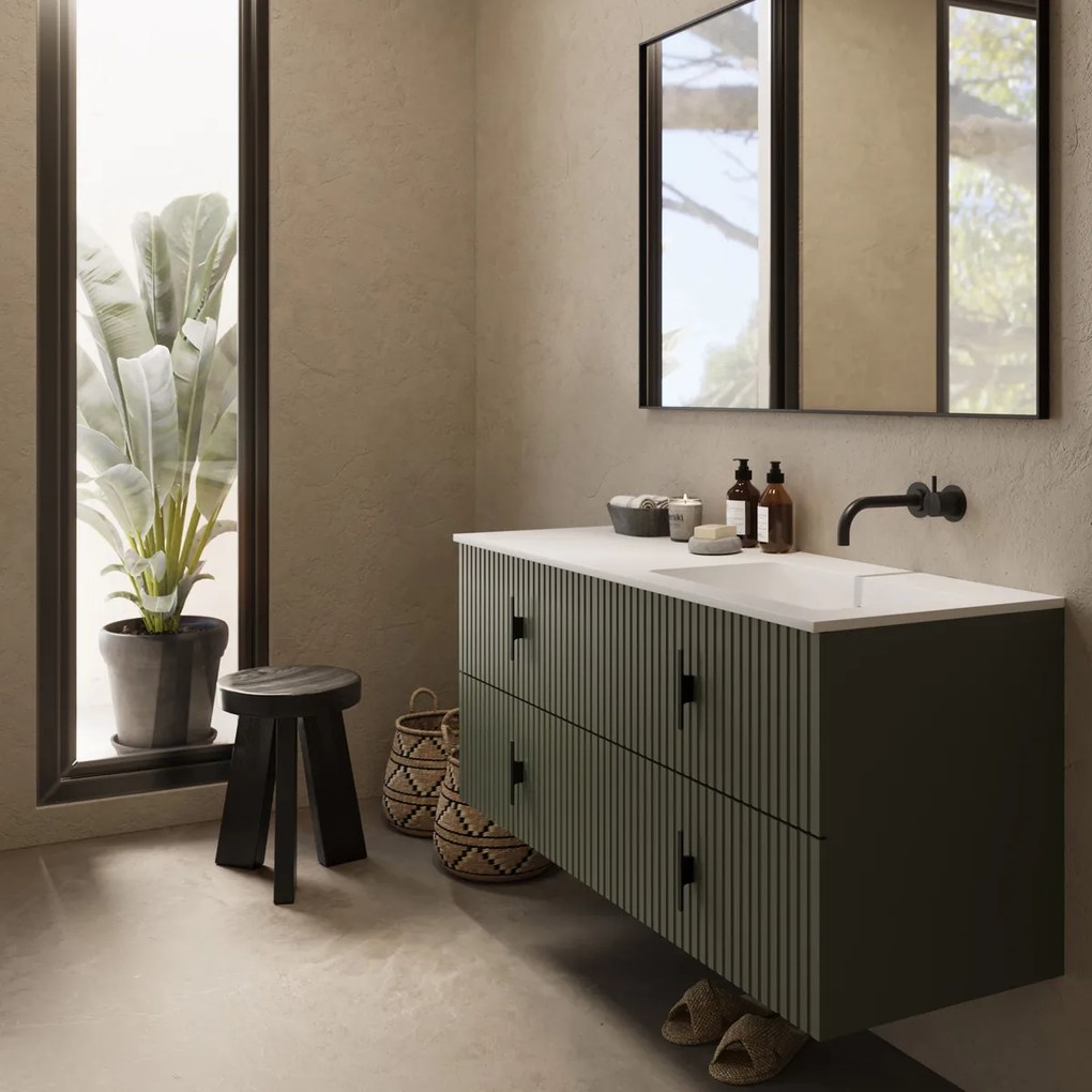 Muebles Avila badmeubel ribbelfront 120cm legergroen met wastafel rechts zonder kraangat