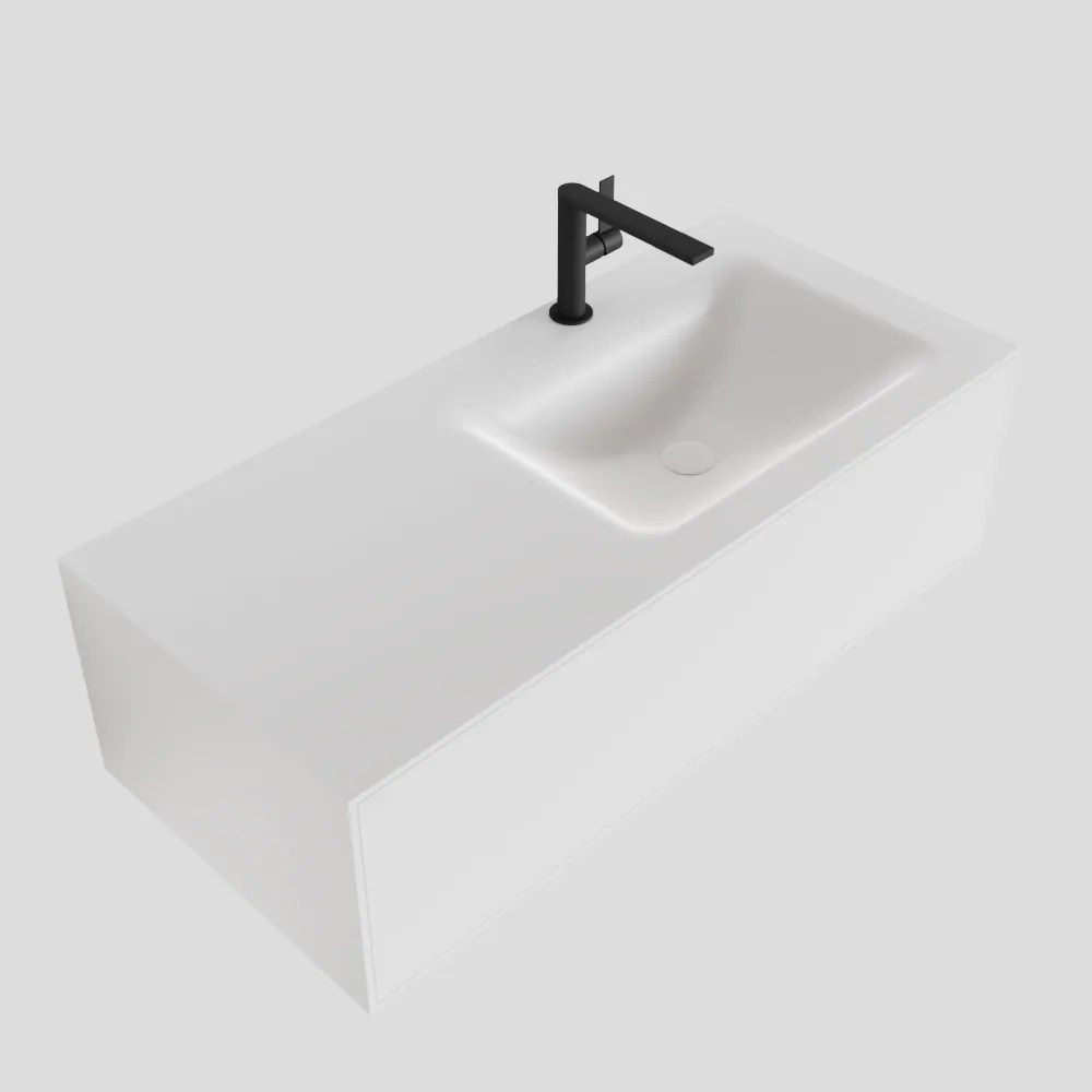 Zaro Lagom volledig naadloos solid surface onderkast 100cm mat wit met 1 lade Push tot open. Compleet met solid surface wastafel met 1 kraangat(en)