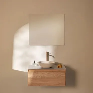Tedrik Zwevend Badkamermeubelset 80x50 Cm In Essenhout Ash Brown & Rond Cement Wit Ø40 Cm Zavion & Rechthoekige Led En Anticondens 80x70 Cm Riben -