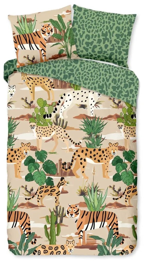 Good Morning Kinderdekbedovertrek FELINES 140x200/220 cm zand en groen