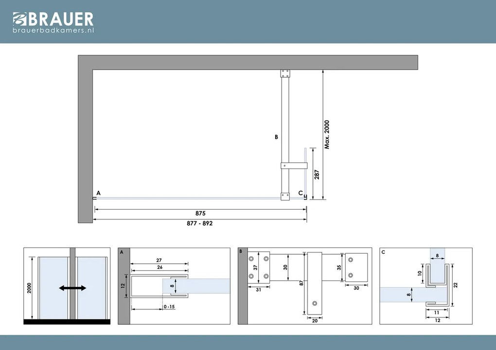 Brauer Oblivion inloopdouche bronsglas 90cm met 30cm zijwand RVS geborsteld PVD