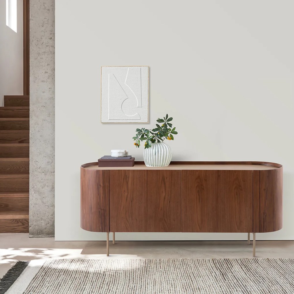 Walnoot, fineer en leren dressoir Aslen