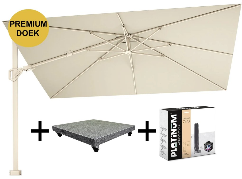 Challenger T2 premium zweefparasol 260x350 cm sandstone champagne met parasolvoet 90kg en hoes