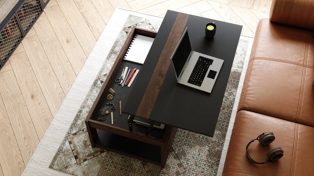 LUSSO Zwart mat/Bruine Eik - MODERNE SALONTAFEL MET VERHOOGD BLAD + OPBERGRUIMTE + SCHAP (OP WIELEN!)