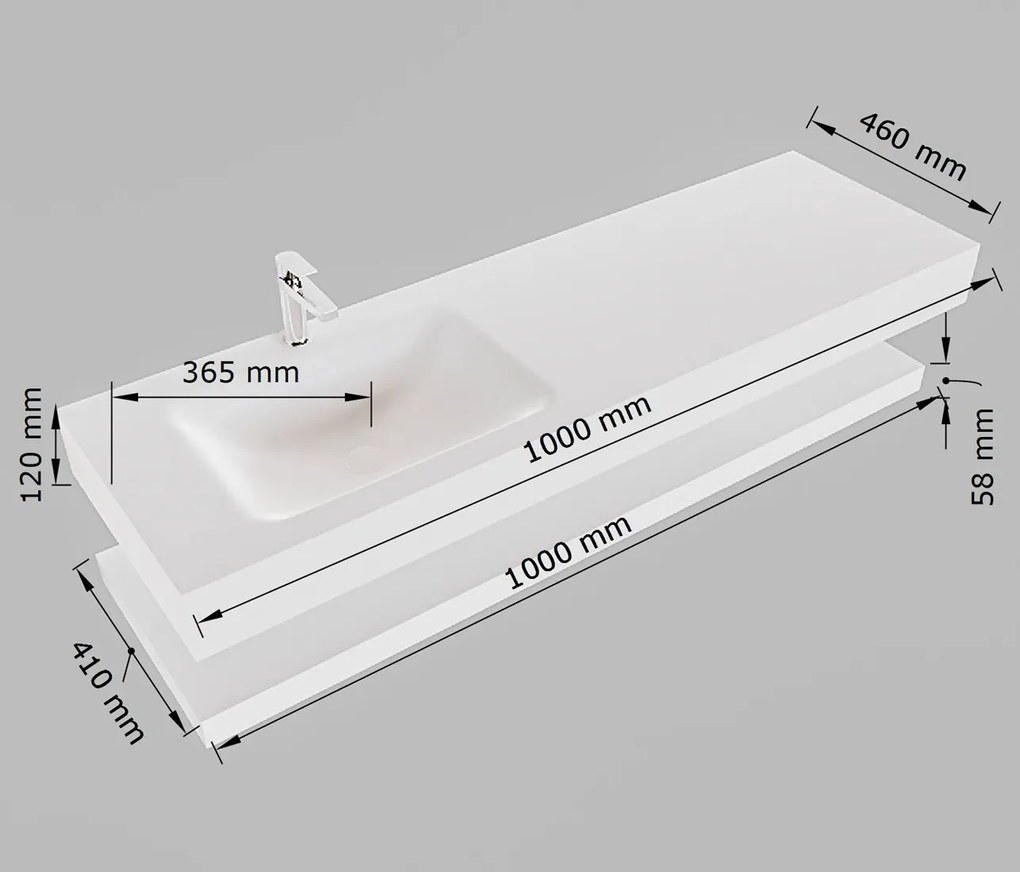 Mondiaz Alan DLux planchet 100cm met wastafel links 1 kraangat glace