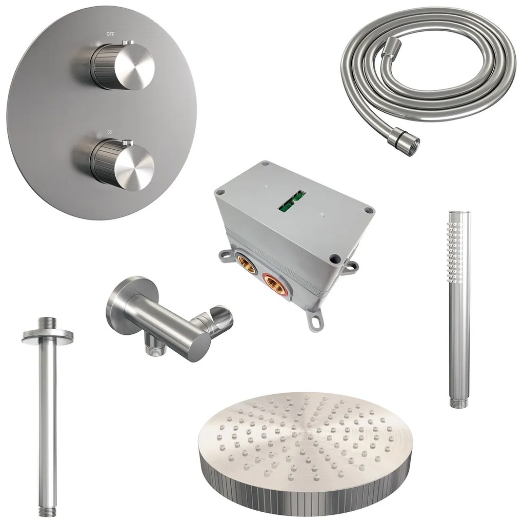 Brauer Stripe inbouw regendouche rond met 25cm hoofddouche, plafondarm en staafhanddouche set 39 RVS geborsteld PVD