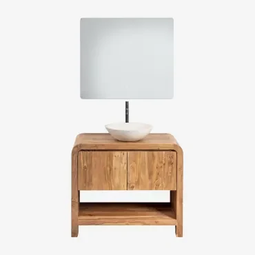 Badkamermeubelset Van Vacry Acaciahout Acacia Bruin & Rond Cement Wit Ø40 Cm Zavion & Rechthoekige Led En Anticondens 80x70 Cm Gualar & - Sklum