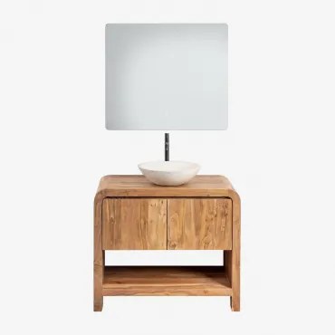 Vacry Houten Badkamermeubelset Acacia Bruin & Rond Cement Wit Ø40 Cm Zavion & Rechthoekige Led En Anticondens 80x70 Cm Riben & Mat Zwart - Sklum