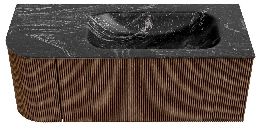 Mondiaz Kurve-dlux 115cm badmeubel ronding links walnut met 1 lade en deur en wastafel big small kraangat rechts lava