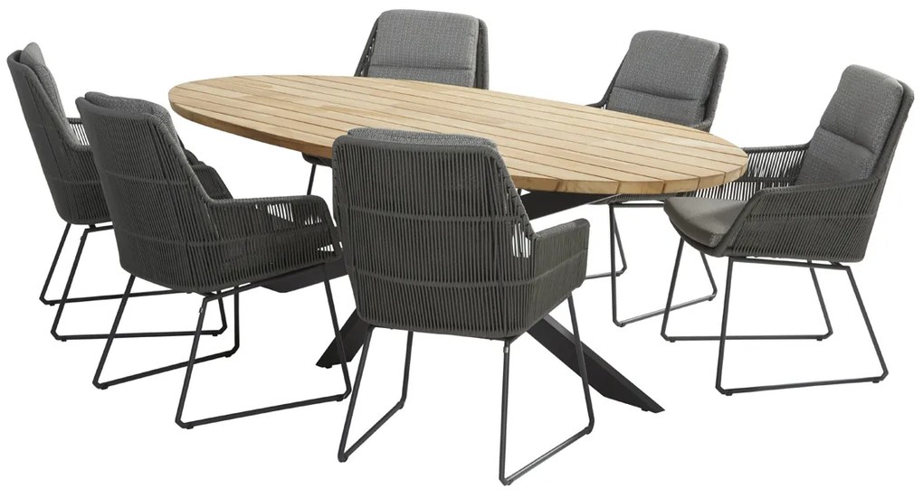 4 Seasons Outdoor Bernini eetset platinum met RVS Prado tafel teak blad Ø 160 cm  Tuinset    houtkleur weerbestendig