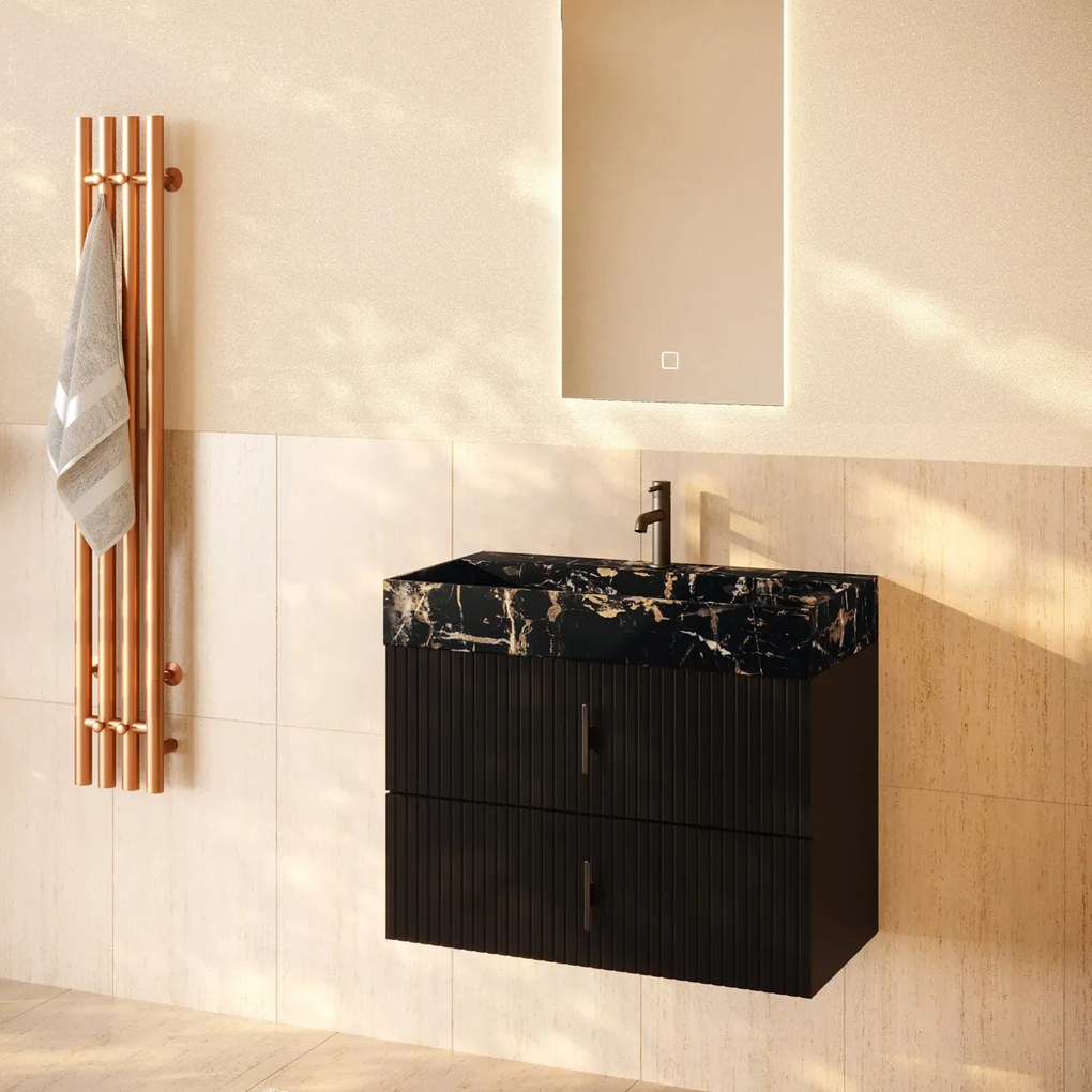 Muebles Murcia badmeubel ribbelfront 80cm zwart mat met Portoro Gold wastafel met kraangat