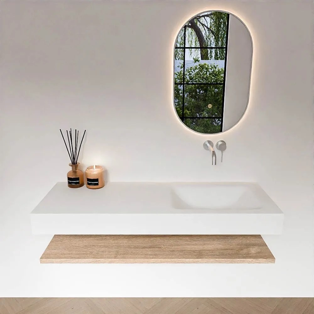 Zaro Alan badmeubel 130cm met planchet washed oak en vrijhangende wastafel cloud rechts zonder kraangat talc