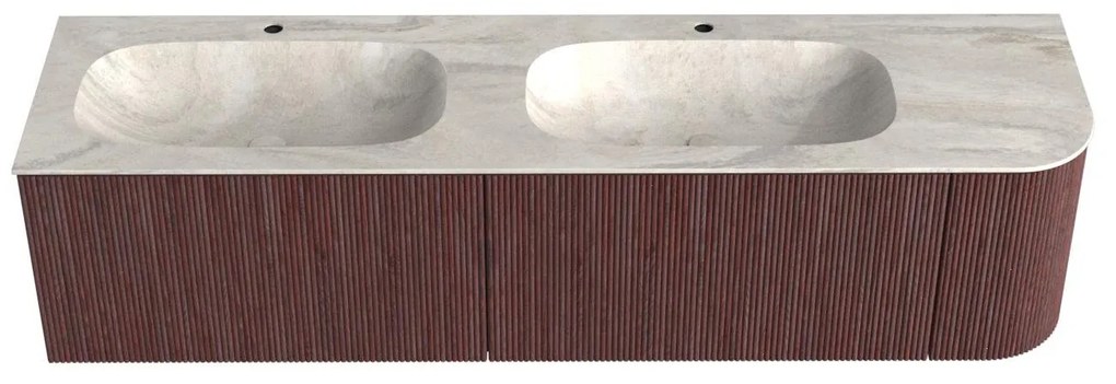 Mondiaz Kurve-dlux 175cm badmeubel ronding rechts ruby met 2 lades en 1 deur en wastafel stor small dubbel/links 2 kraangaten ostra