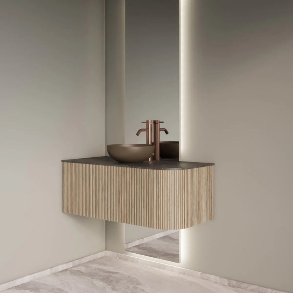 Gliss Design Alluro badmeubel ribbelfront met ronding rechts 100cm corn silk en zwart leisteen toppaneel
