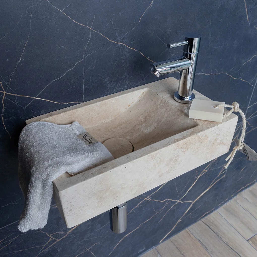 Saniclear White Travertin fonteinset met rechte kraan in chroom