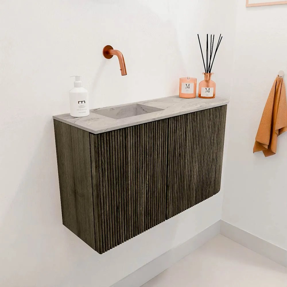 Mondiaz Joya DLux 70cm toiletmeubel ronding rechts shadow met wastafel faye links zonder kraangat glace